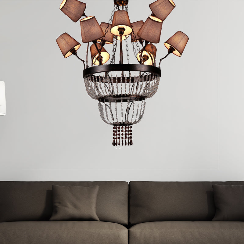 Brown 12 Lights Chandelier Lamp Country Crystal Circular Pendant Lighting for Dining Room with Fabric Shade