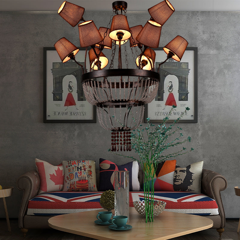 Brown 12 Lights Chandelier Lamp Country Crystal Circular Pendant Lighting for Dining Room with Fabric Shade