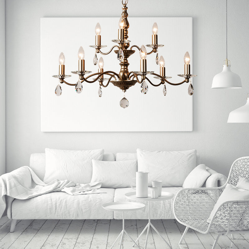 9/12/15 Lights Ceiling Light Country Candle Metal Hanging Chandelier in Champagne for Dining Room with Crystal Drop