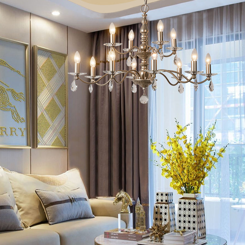 9/12/15 Lights Ceiling Light Country Candle Metal Hanging Chandelier in Champagne for Dining Room with Crystal Drop