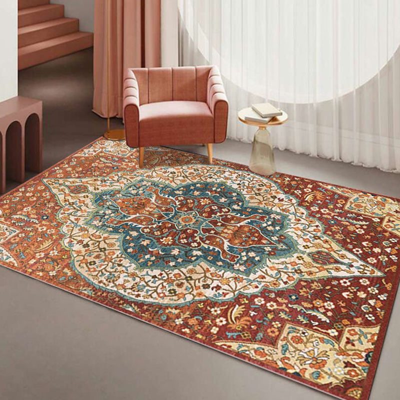 Multi Color Flower Rug Polyster Antique Area Carpet Anti-Slip Backing Pet Friendly Indoor Rug for Living Room