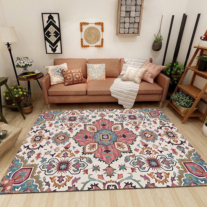 Multi Color Flower Rug Polyster Antique Area Carpet Anti-Slip Backing Pet Friendly Indoor Rug for Living Room