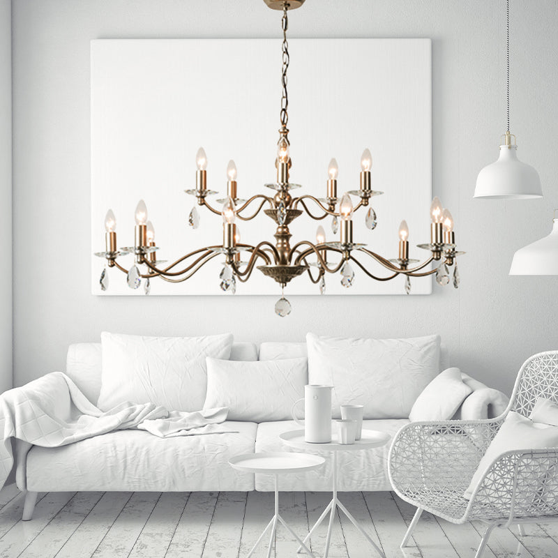 9/12/15 Lights Ceiling Light Country Candle Metal Hanging Chandelier in Champagne for Dining Room with Crystal Drop