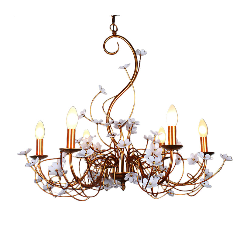 Gold Flower Shaped Chandelier Lamp Country Metal 6 Lights Living Room Hanging Light