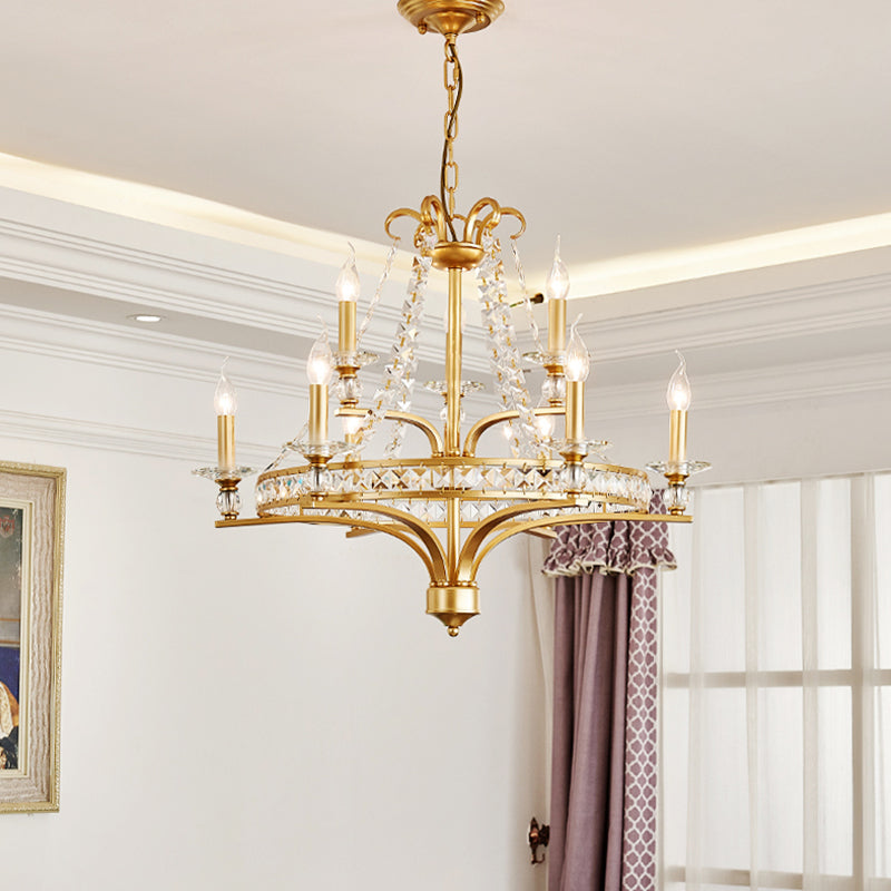9 Lights Candle Chandelier Lighting Rustic Gold Metal Pendant Lamp for Dining Room with Crystal Beaded Strands