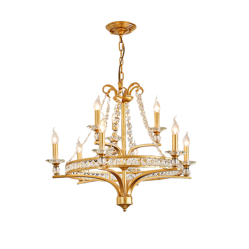 9 Lights Candle Chandelier Lighting Rustic Gold Metal Pendant Lamp for Dining Room with Crystal Beaded Strands