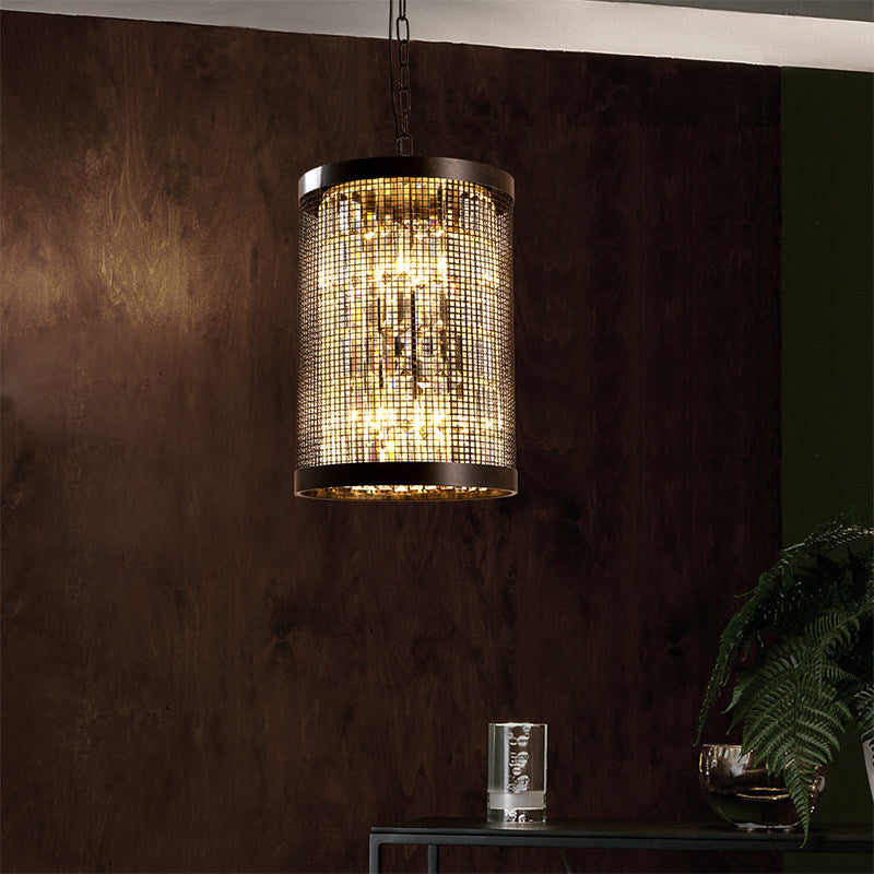 6 Lights Cylinder Chandelier Light Country Black Metal Hanging Ceiling Fixture for Dining Room with Clear Crystal Block