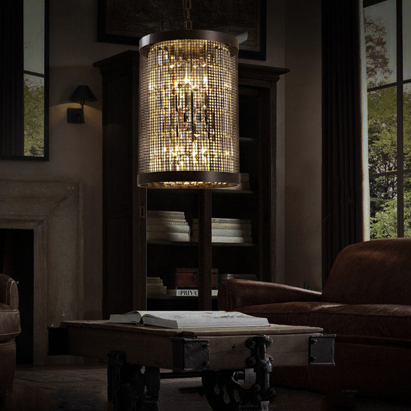 6 Lights Cylinder Chandelier Light Country Black Metal Hanging Ceiling Fixture for Dining Room with Clear Crystal Block