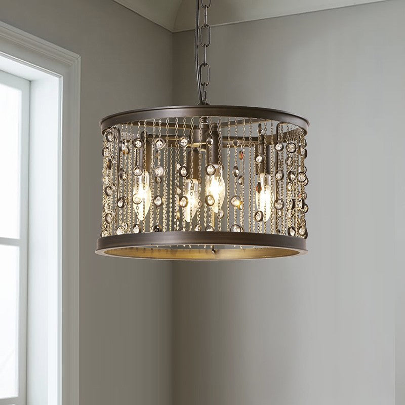 Metal Black Pendant Lamp Drum 4 Lights Rustic Chandelier Light Fixture for Dining Room with Crystal Beaded Strands