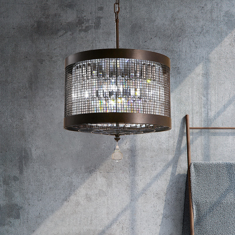 4 Lights Metal Hanging Chandelier Country Black Round Living Room Pendant Light Fixture with Crystal Block