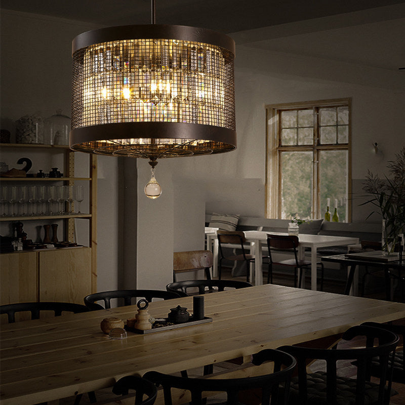 4 Lights Metal Hanging Chandelier Country Black Round Living Room Pendant Light Fixture with Crystal Block