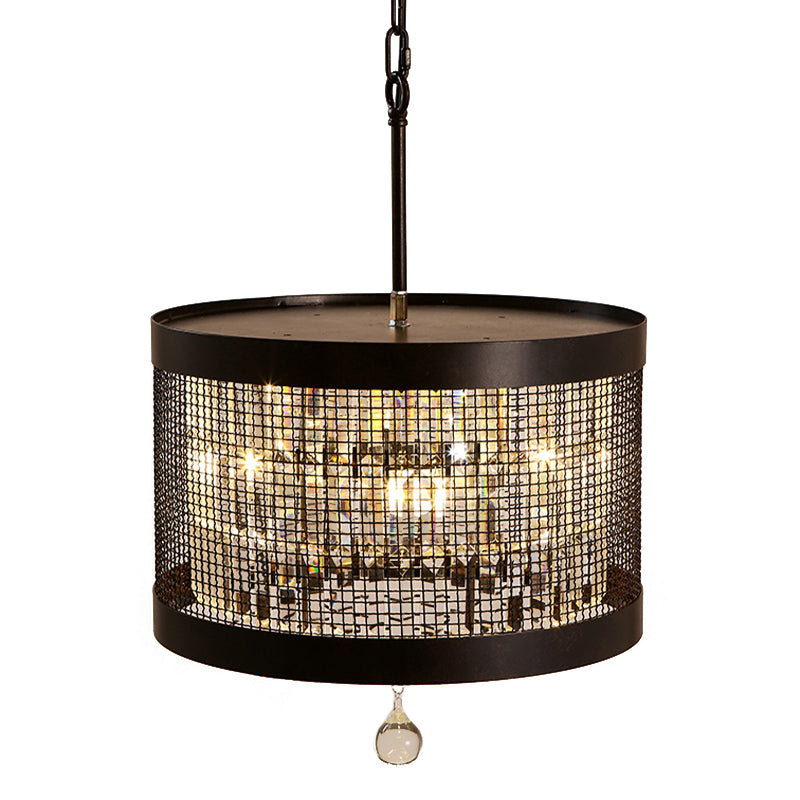 4 Lights Metal Hanging Chandelier Country Black Round Living Room Pendant Light Fixture with Crystal Block