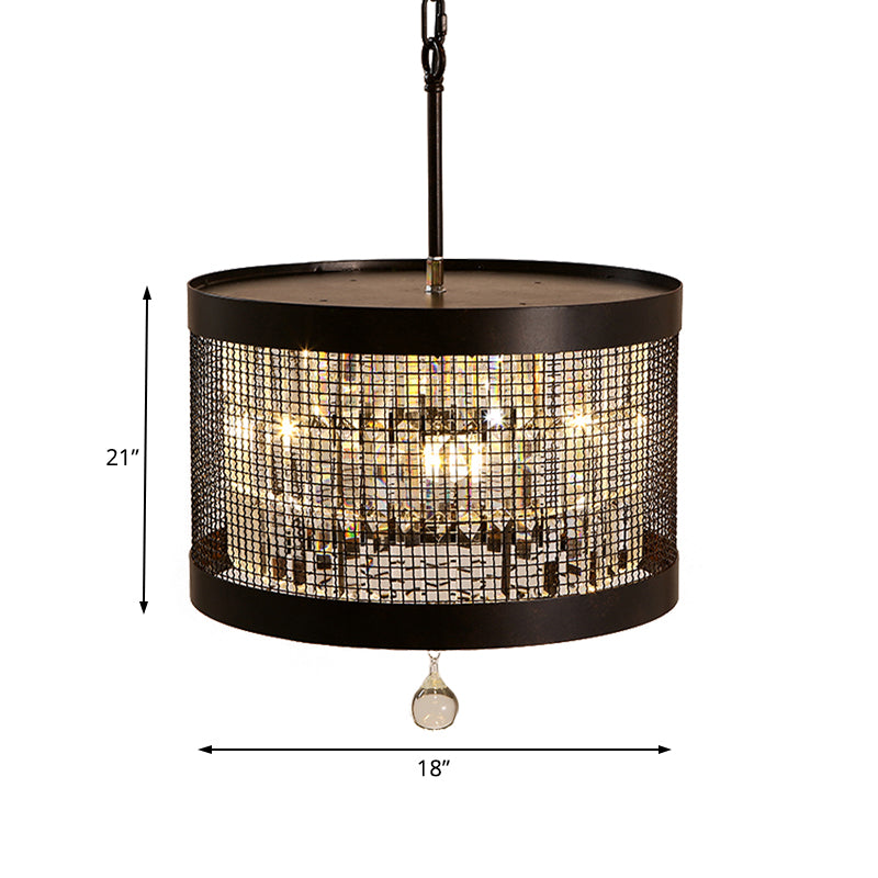 4 Lights Metal Hanging Chandelier Country Black Round Living Room Pendant Light Fixture with Crystal Block