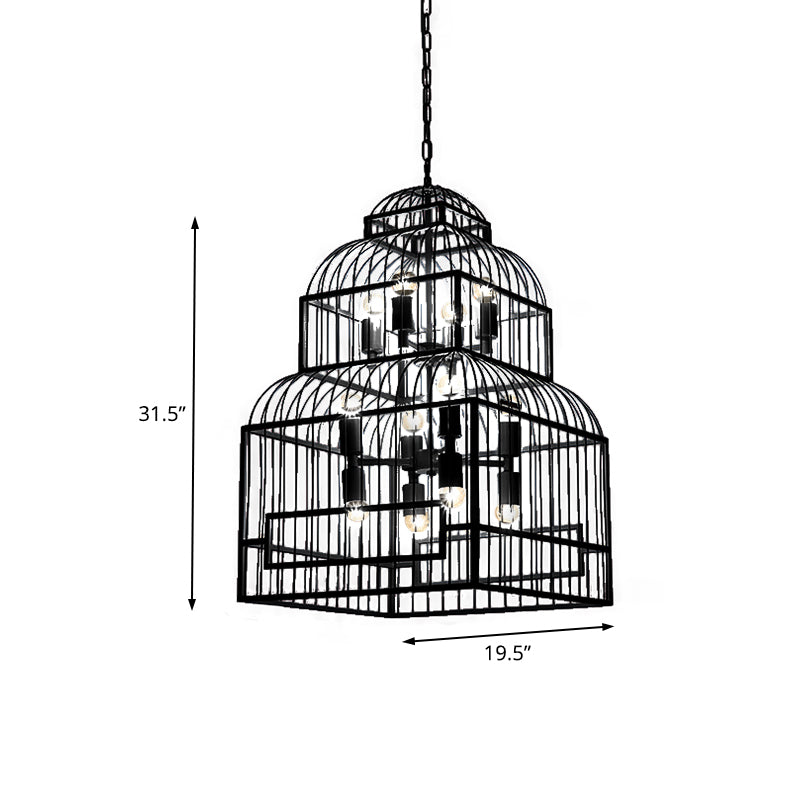 12 Lights Metal Chandelier Lighting Rustic Black/Wood Exposed Bulb Living Room Hanging Ceiling Fixture with Cage