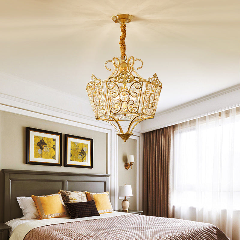 Gold 5 Lights Chandelier Light Fixture Country Crystal Wire Frame Pendant Lamp for Bedroom