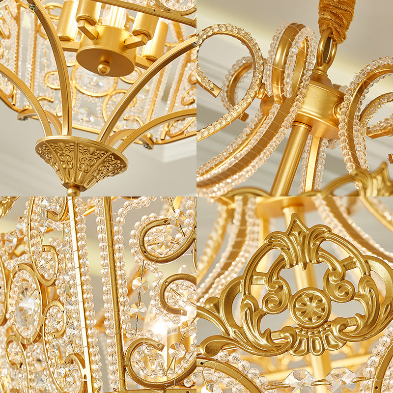 Gold 5 Lights Chandelier Light Fixture Country Crystal Wire Frame Pendant Lamp for Bedroom