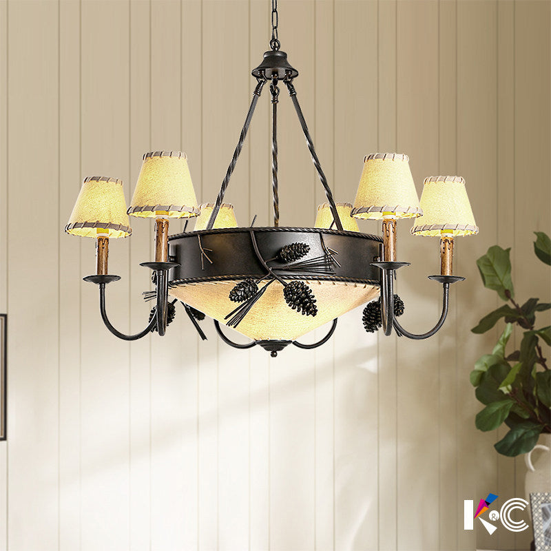 9 Lights Ceiling Light Country Domed Frosted Glass Hanging Chandelier in Black for Dining Room with Fabric Shade
