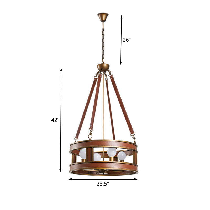 Brown Round Chandelier Lamp Country Style Metal 4 Lights Living Room Hanging Fixture