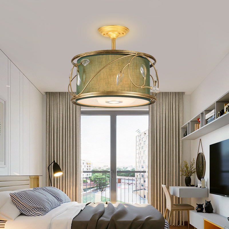 16 "/19.5" W Green/Army Green Round Semi Flush Mount Country Tessuto 3 lampadine soggiorno semifulò la luce del soffitto