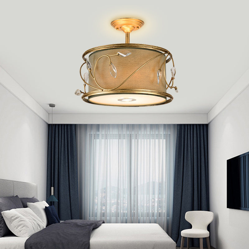 16 "/19.5" W Green/Army Green Round Semi Flush Mount Country Tessuto 3 lampadine soggiorno semifulò la luce del soffitto