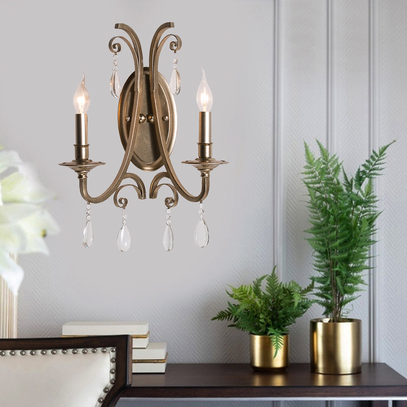 1/2 Lights Wall Lamp Lighting Country Curved Arm Metal Sconce Light Fixture in Champagne with Crystal Decoration