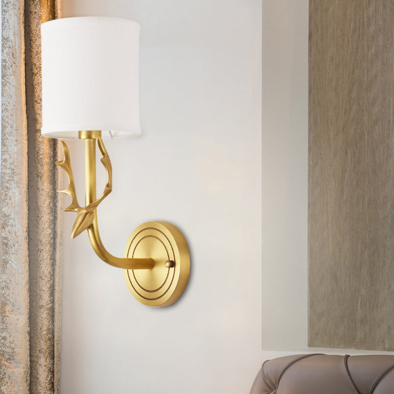 Metal Elk Sconce Lighting Rustic 1/2 Light Living Room Wall Mounted Lamp in Black/Gold with Cylinder Fabric Shade