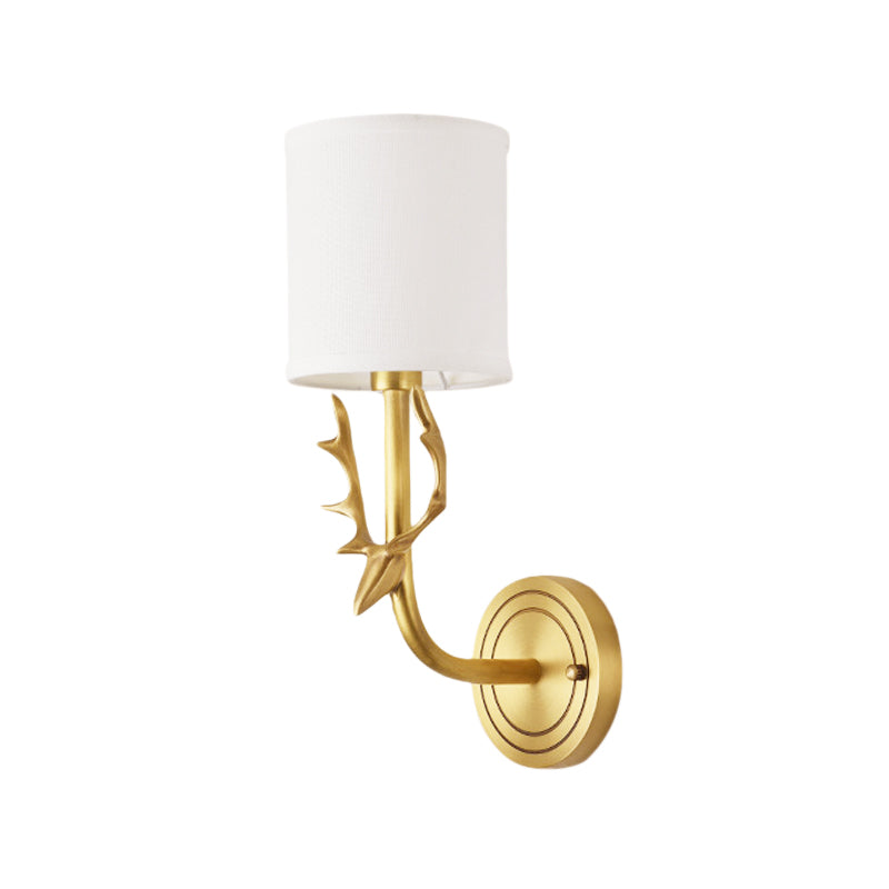 Metal Elk Sconce Lighting Rustic 1/2 Light Living Room Wall Mounted Lamp in Black/Gold with Cylinder Fabric Shade