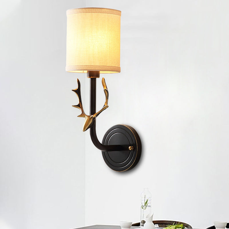 Metal Elk Sconce Lighting Rustic 1/2 Light Living Room Wall Mounted Lamp in Black/Gold with Cylinder Fabric Shade