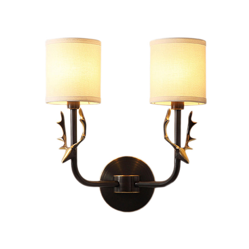 Metal Elk Sconce Lighting Rustic 1/2 Light Living Room Wall Mounted Lamp in Black/Gold with Cylinder Fabric Shade