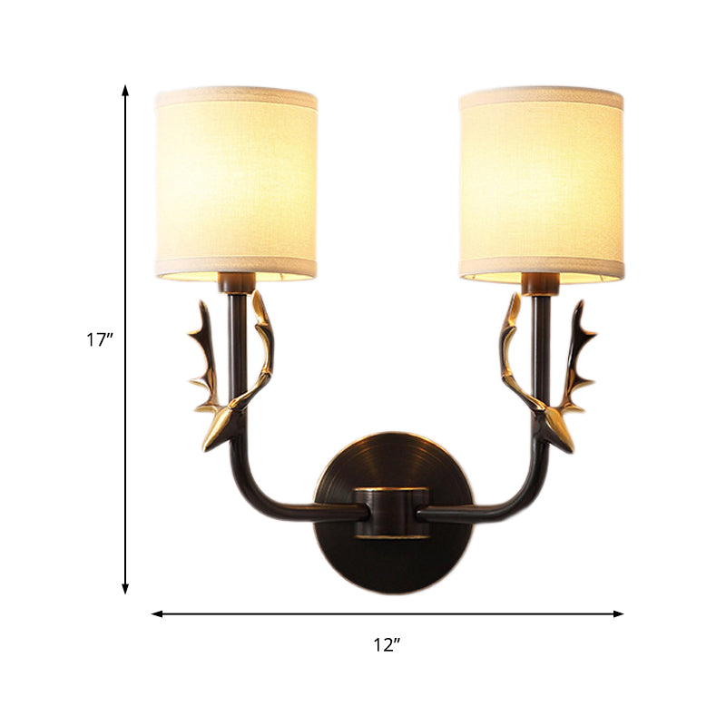 Metal Elk Sconce Lighting Rustic 1/2 Light Living Room Wall Mounted Lamp in Black/Gold with Cylinder Fabric Shade