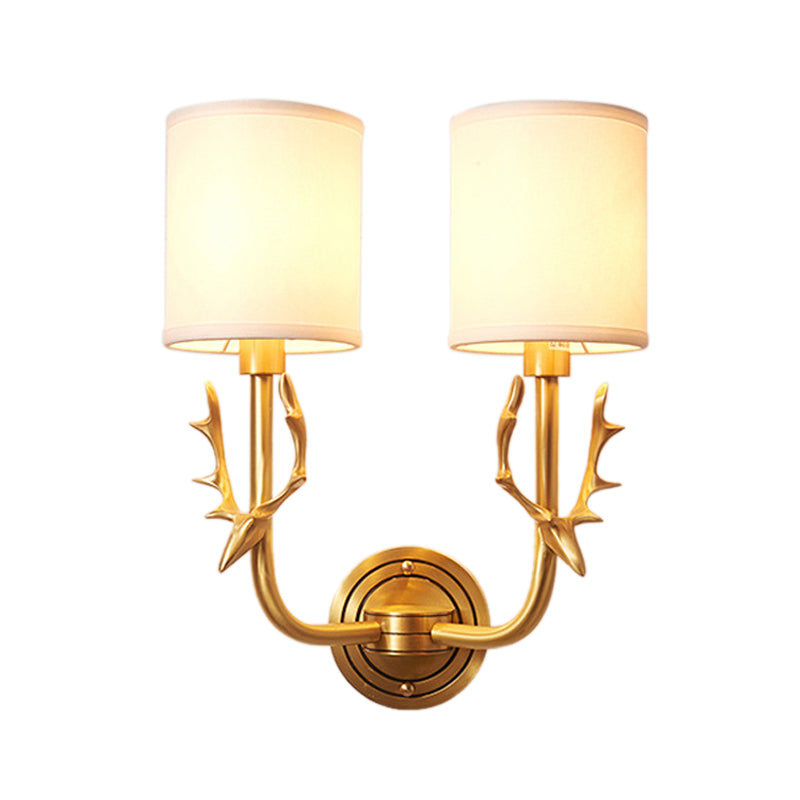 Metal Elk Sconce Lighting Rustic 1/2 Light Living Room Wall Mounted Lamp in Black/Gold with Cylinder Fabric Shade