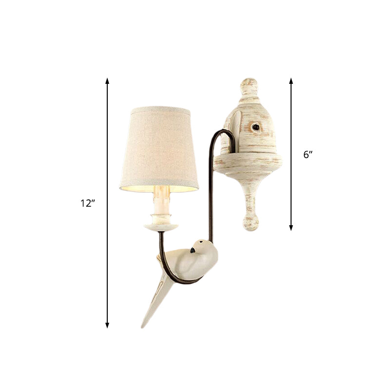 Tapered Bedroom Wall Lamp Country Metal 1/2 Light White Sconce Light Fixture with Bird Accents