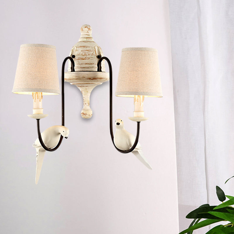 Tapered Bedroom Wall Lamp Country Metal 1/2 Light White Sconce Light Fixture with Bird Accents