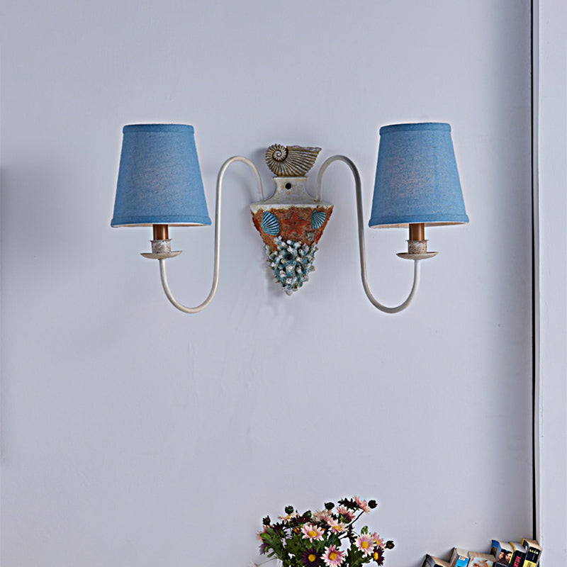 2-Bulb Metal Wall Lighting Country Blue Curved Arm Indoor Sconce Light Fixture with Tapered Fabric Shade