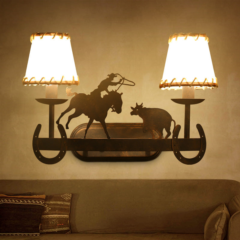 2-Bulb Conical Sconce Lamp Country Rust Metal Wall Mounted Light for Restaurant with Animal Accents