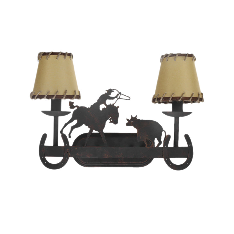 2-Bulb Conical Sconce Lamp Country Rust Metal Wall Mounted Light for Restaurant with Animal Accents