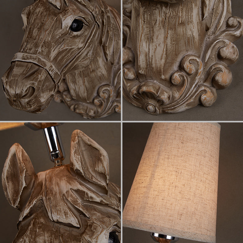 Country Horse Sconce Lamp 1 Bulb Resin Wall Mounted Light in Brown with Tapered Fabric Shade