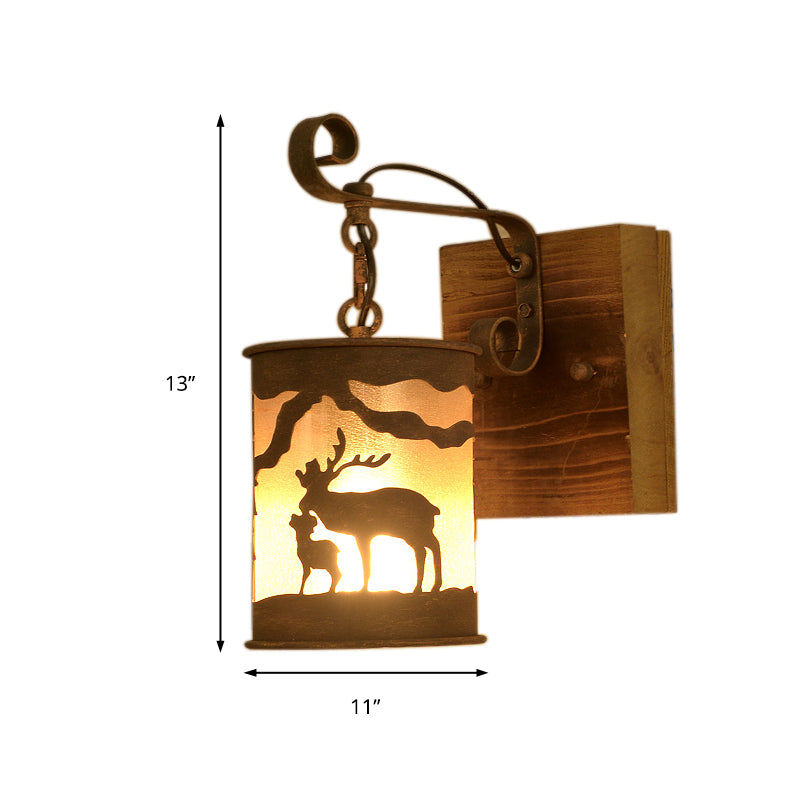 1 Bulb Porch Wall Mounted Lamp Country Rust Sconce Light Fixture with Cylinder Fabric Shade