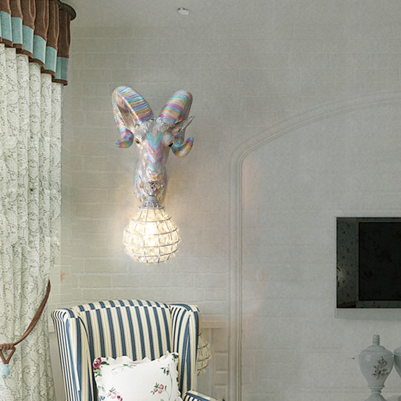 1 Light Resin Wall Lamp Rustic Silver Goat Indoor Sconce Light Fixture with Orb Crystal Shade