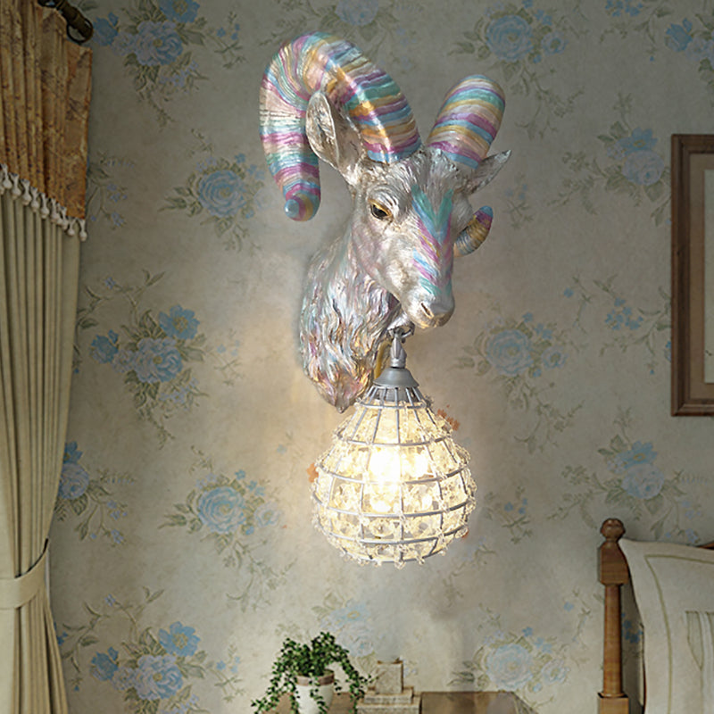 1 Light Resin Wall Lamp Rustic Silver Goat Indoor Sconce Light Fixture with Orb Crystal Shade