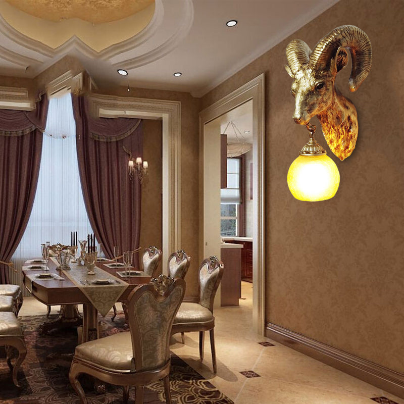 Resin Gold Sconce Lamp Goat 1-Light Country Style Wall Mounted Lighting with Crystal/Glass Shade