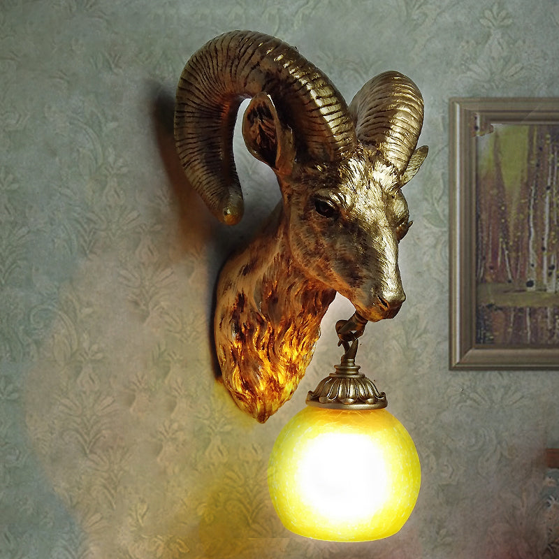 Resin Gold Sconce Lamp Goat 1-Light Country Style Wall Mounted Lighting with Crystal/Glass Shade