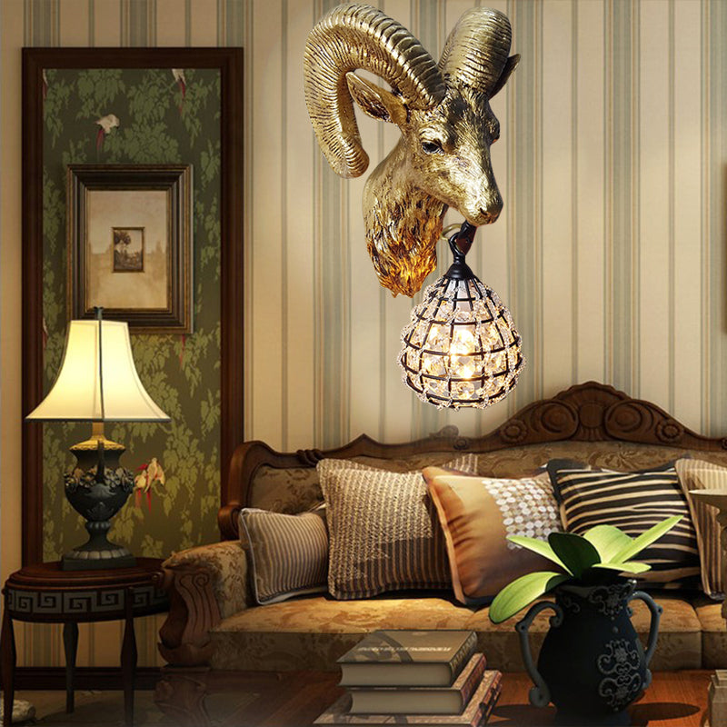 Resin Gold Sconce Lamp Goat 1-Light Country Style Wall Mounted Lighting with Crystal/Glass Shade