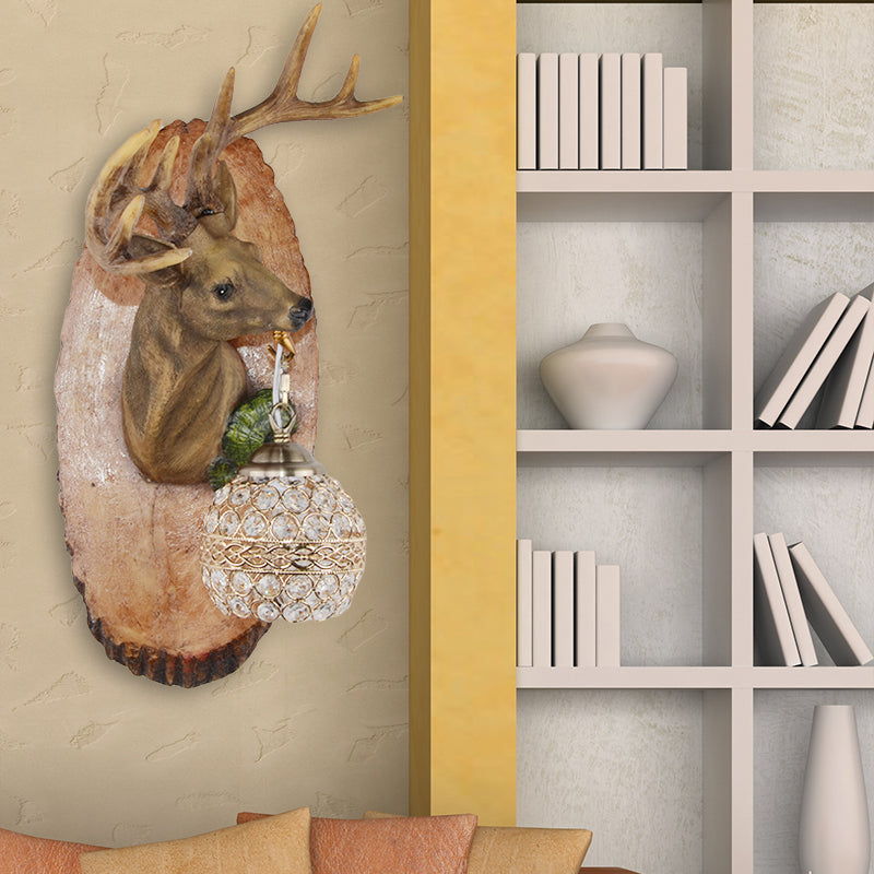 1 Light Resin Wall Lamp Rustic Black/Gold/Tan Orb Shade Indoor Sconce Light Fixture with Elk, Right/Left