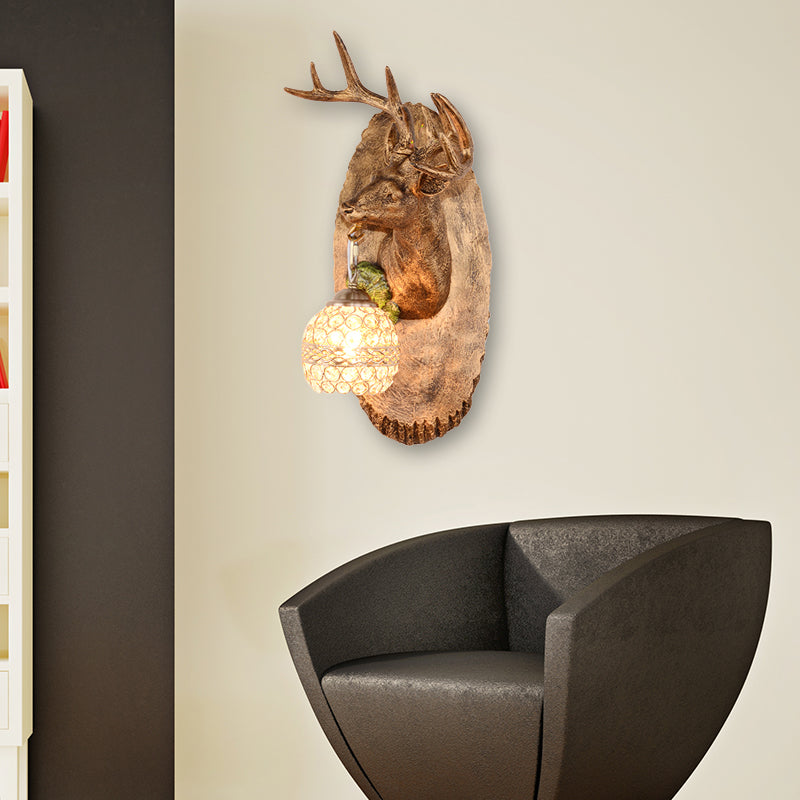 1 Light Resin Wall Lamp Rustic Black/Gold/Tan Orb Shade Indoor Sconce Light Fixture with Elk, Right/Left