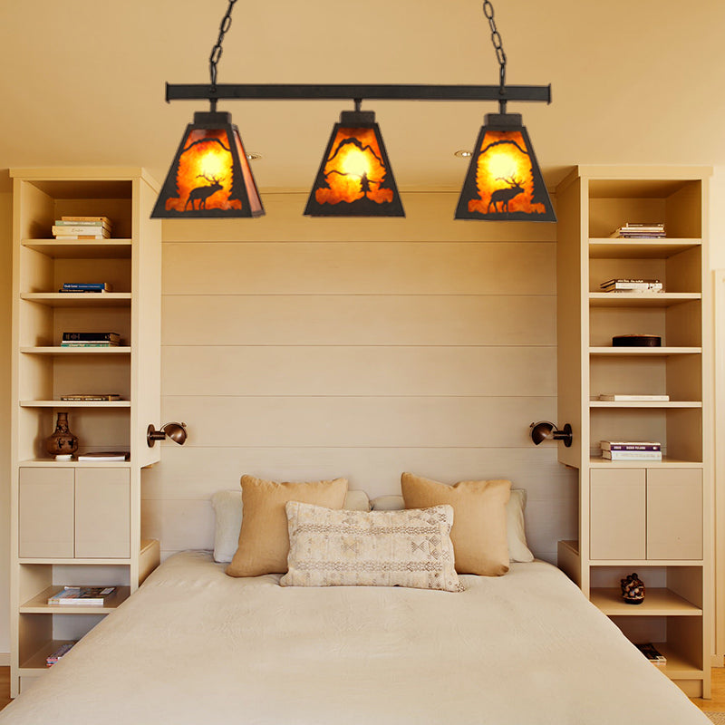 Trapezoid Metal Hanging Pendant Light Country 3 Lights Dining Room Island Lighting Fixture in Rust