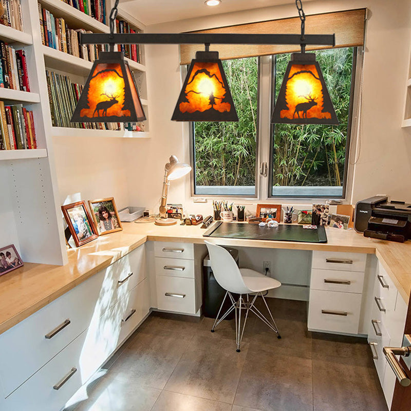 Trapezoid Metal Hanging Pendant Light Country 3 Lights Dining Room Island Lighting Fixture in Rust