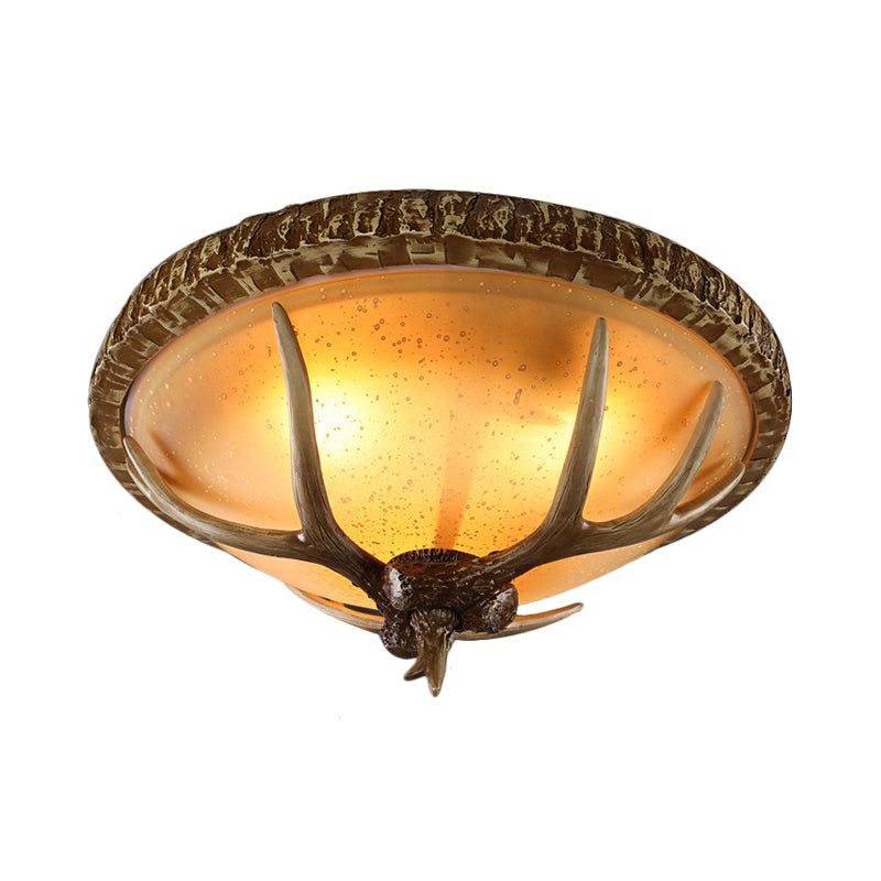 1 Light Domed Flush Light Fixture Country Brown Resin Ceiling Mount for Bedroom with Elk Pattern