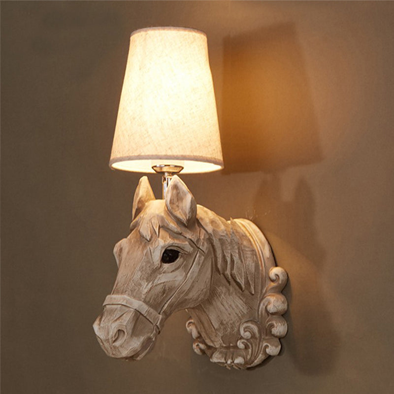 1 Light Wall Lamp Lighting Traditional Horse Resin Sconce Light Fixture in Light Brown with Tapered Fabric Shade