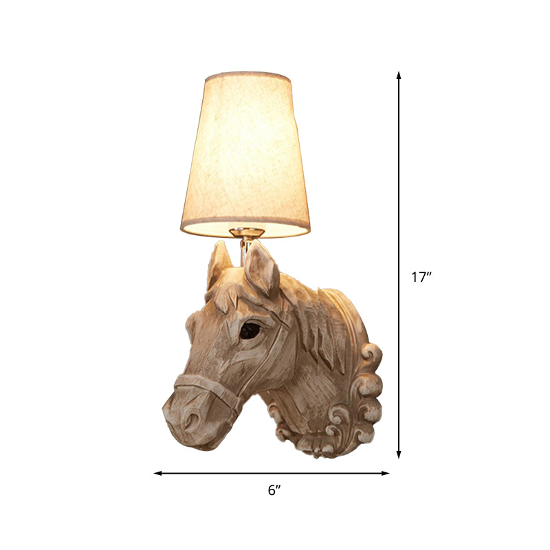 1 Light Wall Lamp Lighting Traditional Horse Resin Sconce Light Fixture in Light Brown with Tapered Fabric Shade